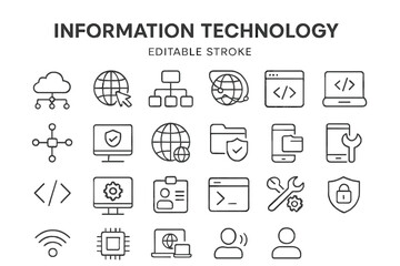 Collection of editable vector icons representing information technology concepts and tools for digital design and development