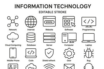 Vector icon set showcasing various concepts in information technology including internet, cloud computing, and programming elements