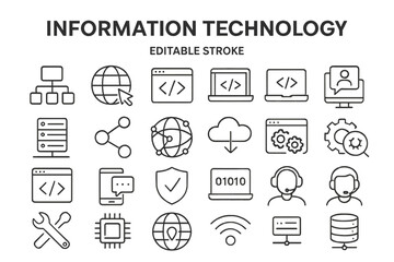 Vector icon set showcasing diverse concepts in information technology including connectivity, programming, and support