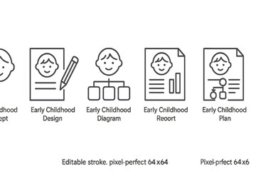 Vector icon set featuring early childhood concept, design, diagram, report, and plan in minimalist line art style