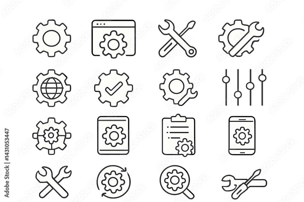 Poster vector icon set featuring various tools and gears for software and technical design purposes