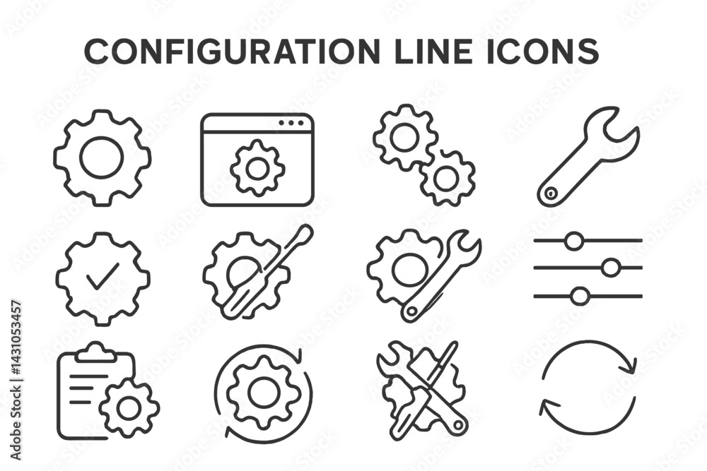 Poster vector icon set featuring configuration line icons with gears, tools, and settings for digital desig