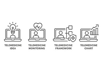 Vector icon set illustrating telemedicine concepts including idea generation, patient monitoring, framework development, and data representation