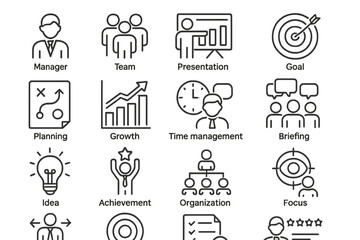 Vector icon set featuring business concepts such as planning, growth, and time management for professional use