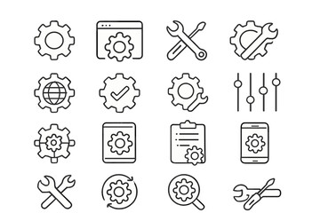 Vector icon set featuring various tools and gears for software and technical design purposes
