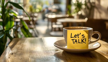 A cup of coffee with a yellow sticky note on the table in a cafe, the text "Let's TALK!" written by hand,