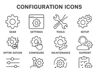 Collection of configuration icons featuring gears, tools, settings, and support symbols for digital applications