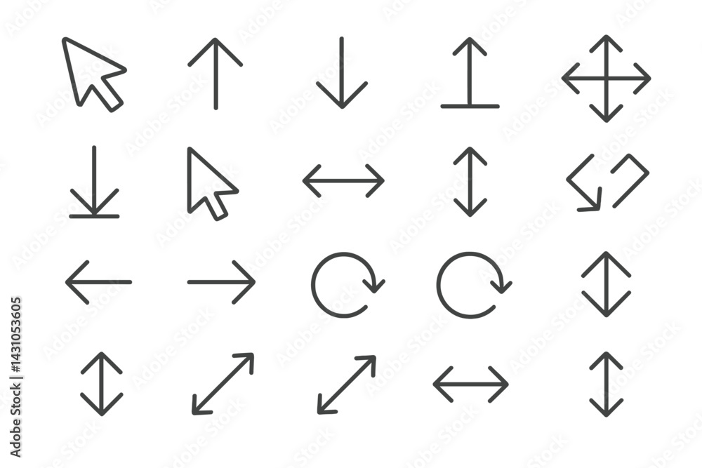 Poster vector icon set featuring directional arrows and cursor symbols for user interface design and digita