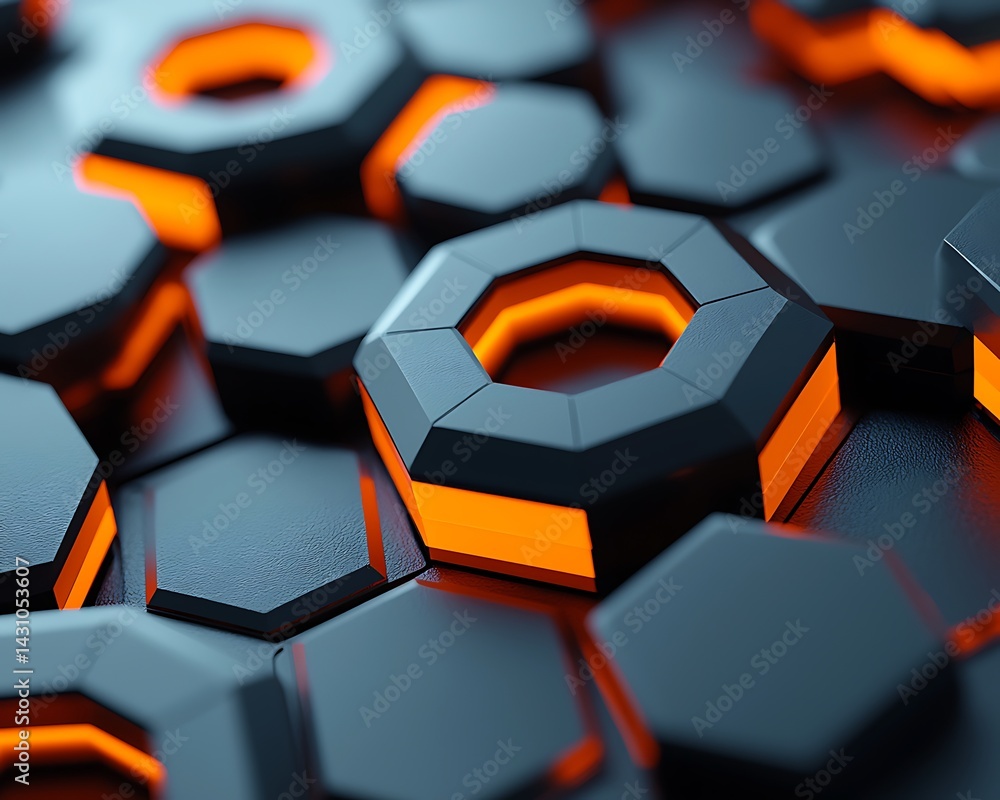 Poster abstract honeycomb pattern with glowing orange centers. dark gray hexagonal shapes tightly packed to