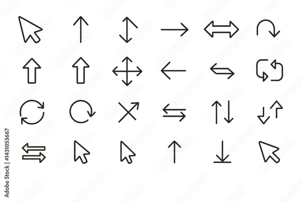 Poster vector icon set featuring various cursor and arrow designs in simple line art style for user interfa