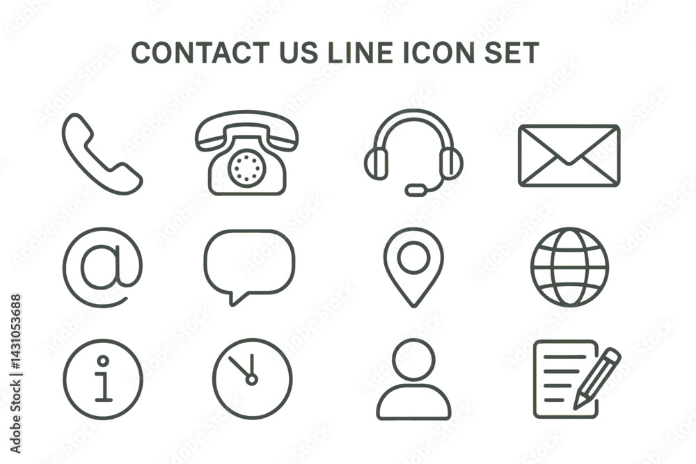 Poster vector icon set representing various communication methods including phone, email, and location symb