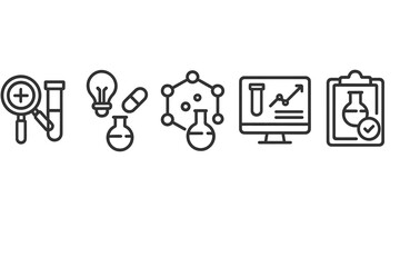 Vector icon set representing scientific research and laboratory activities including analysis, experimentation, and data collection