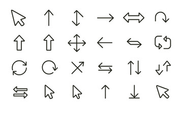 Vector icon set featuring various cursor and arrow designs in simple line art style for user interface and digital applications
