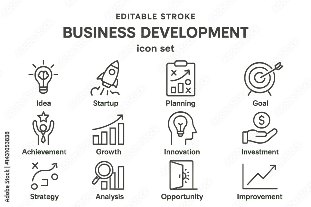 Poster comprehensive vector icon set for business development highlighting essential concepts and strategie