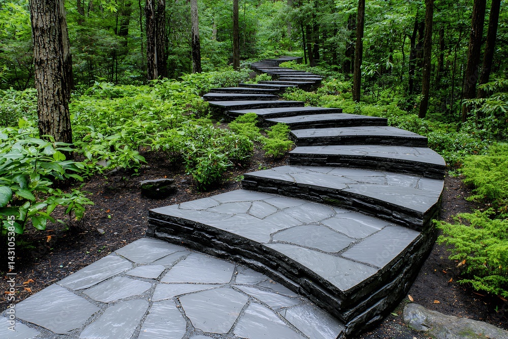 Poster a winding stone path meanders through lush greenery, inviting exploration in a serene forest setting