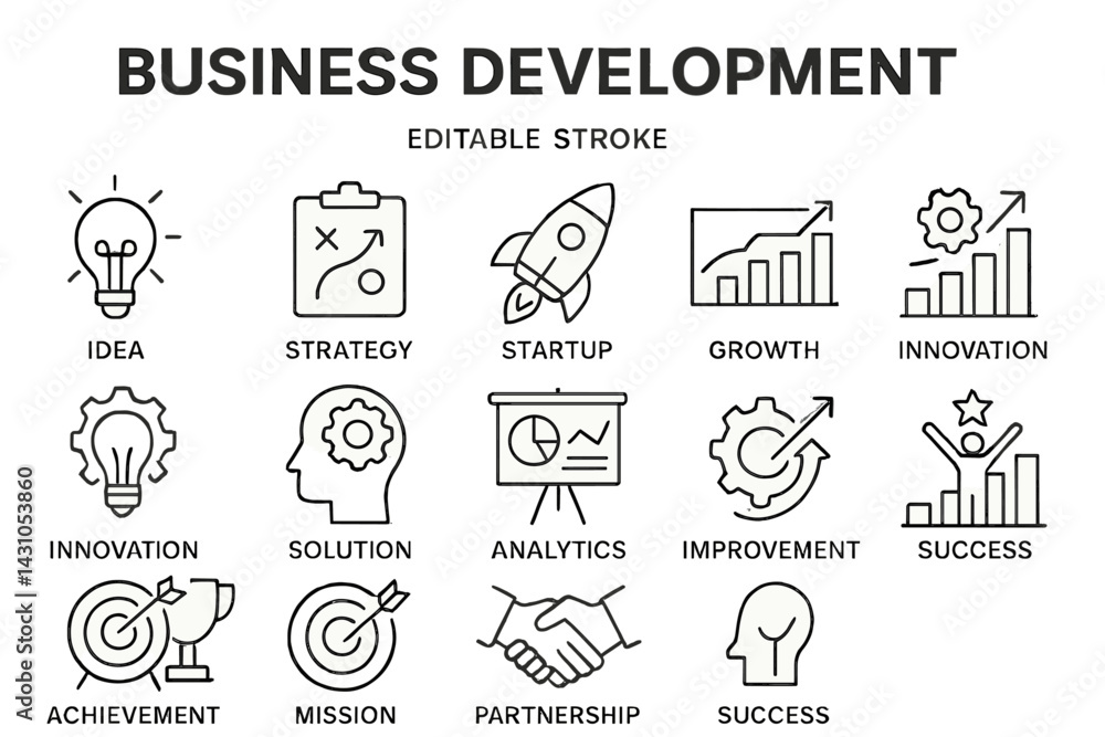 Aufkleber comprehensive vector icon set for business development showcasing key concepts in innovation, strate