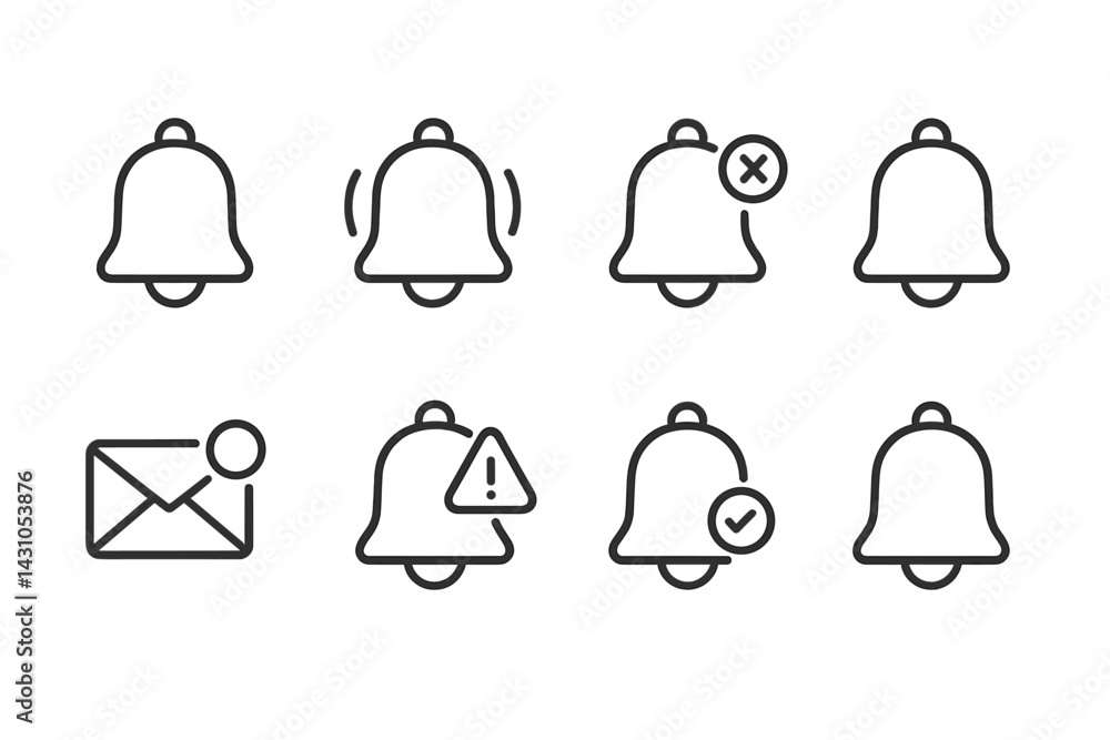 Poster icon set featuring various notification bell designs for messaging and alert functions