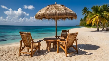 Caribbean Palm Beach With Wooden Chairs And Straw Umbrella