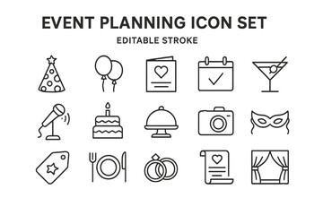 Event planning icon set featuring celebration symbols and party essentials for various occasions