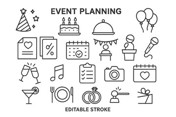 Vector icon set for event planning featuring celebration elements and organizational tools