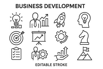 Business development vector icon set showcasing various elements related to growth and strategy