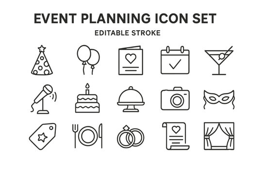 Event planning icon set featuring celebration symbols and party essentials for various occasions