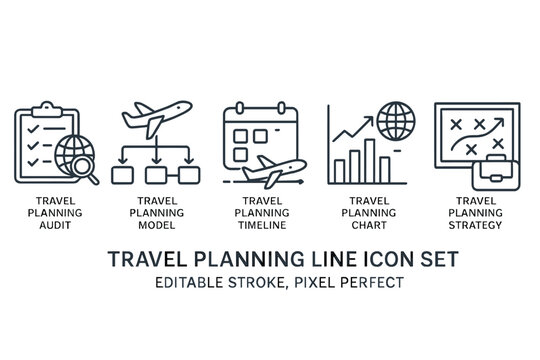 Detailed vector icon set showcasing travel planning elements including audit, model, timeline, chart, and strategy