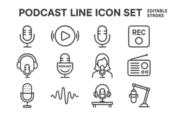 Vector icon set features podcast elements including microphones, headphones, and recording symbols for creative projects