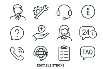 Vector icon set featuring customer support elements such as headset, gear, globe, and communication symbols for service and information