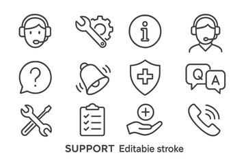 Fototapeta premium Vector icon set featuring support symbols for customer assistance and service communication