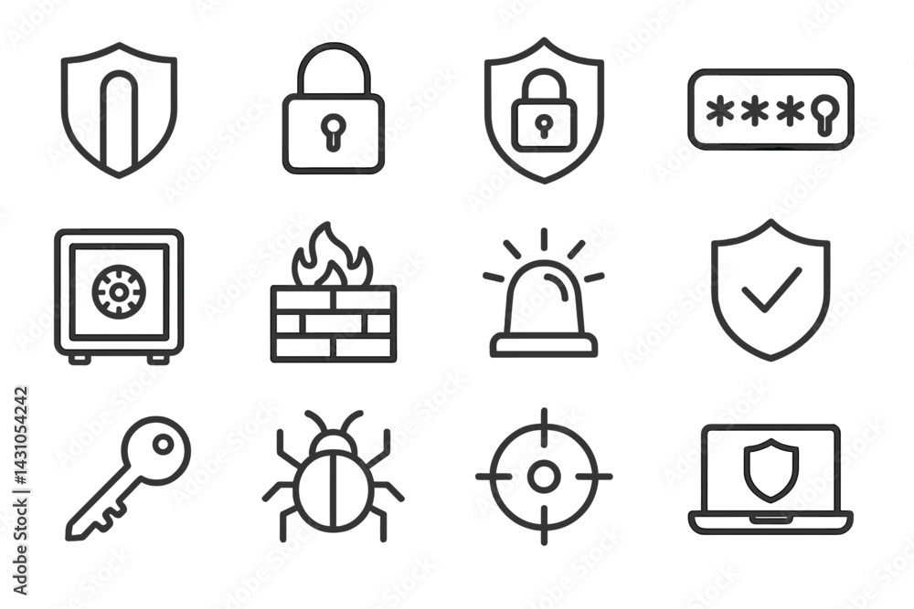 Poster security vector icon set featuring essential symbols for protection and safety in digital and physic