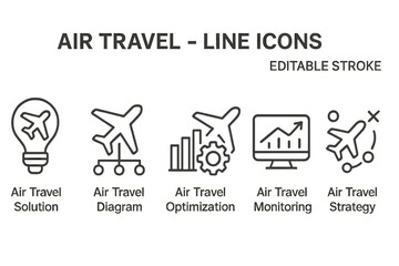 Vector icon set featuring air travel solutions, diagram, optimization, monitoring, and strategy