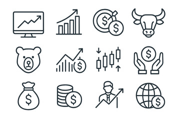 Vector icon set representing financial concepts including growth, investment, and currency management illustrated in a modern style
