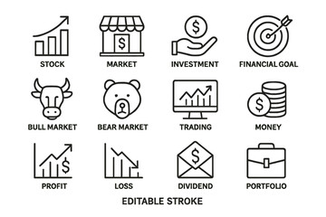 Vector icon set featuring financial concepts related to stock market, investment strategies, and economic indicators