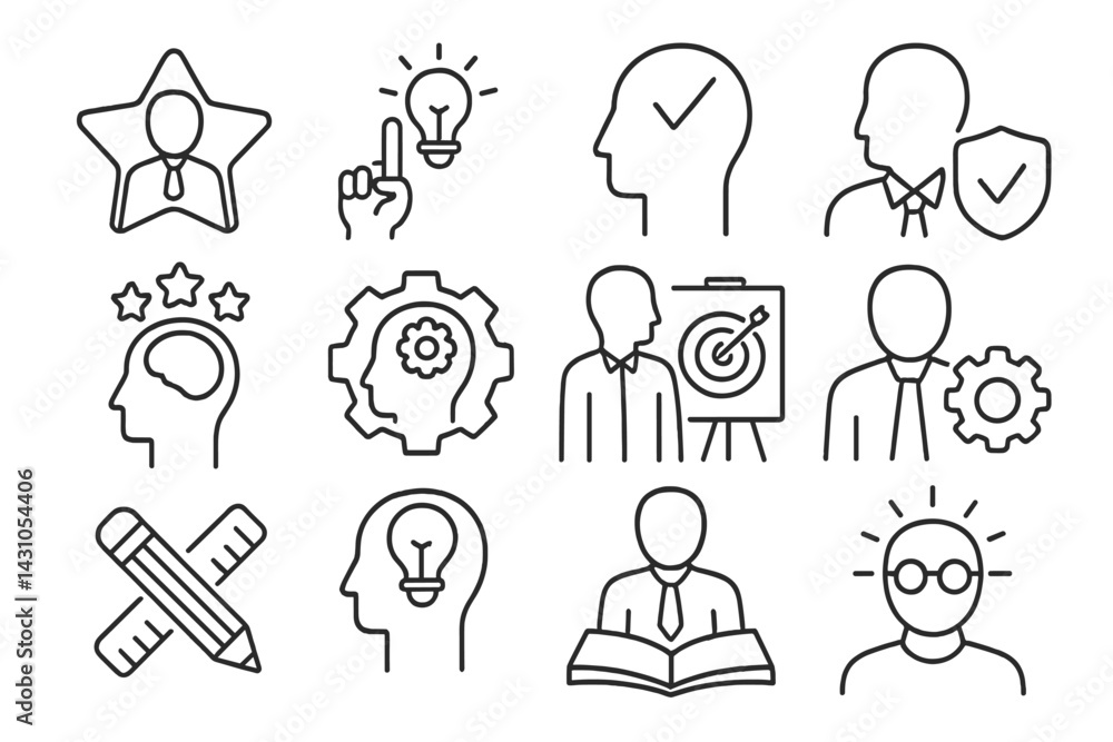 Aufkleber vector icon set showcasing various elements of creativity, intelligence, and professional activities