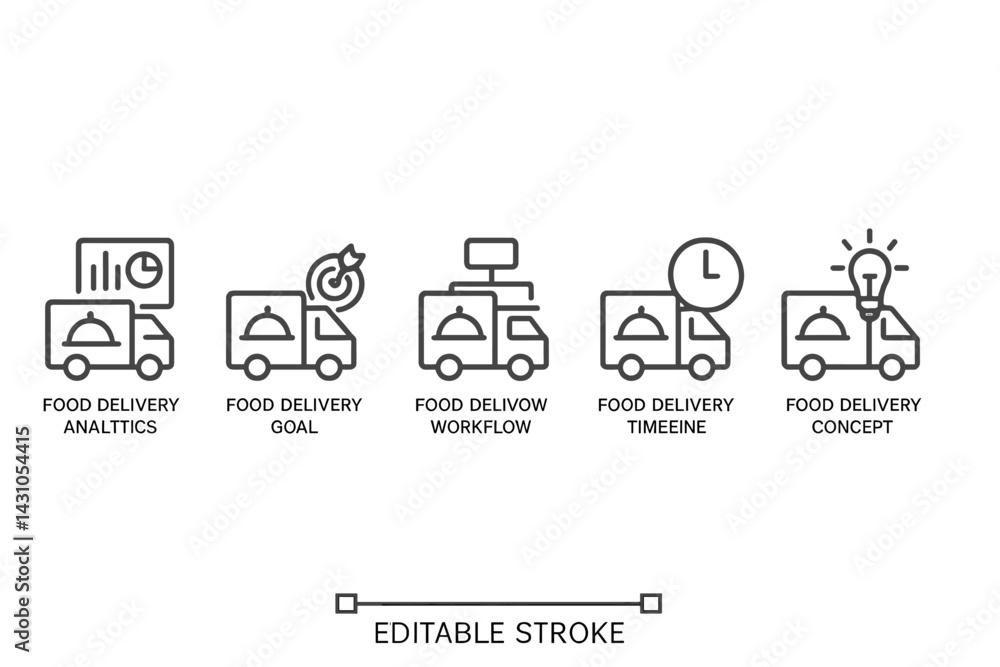 Poster vector icon set showcasing various food delivery concepts and workflows for enhancing delivery effic