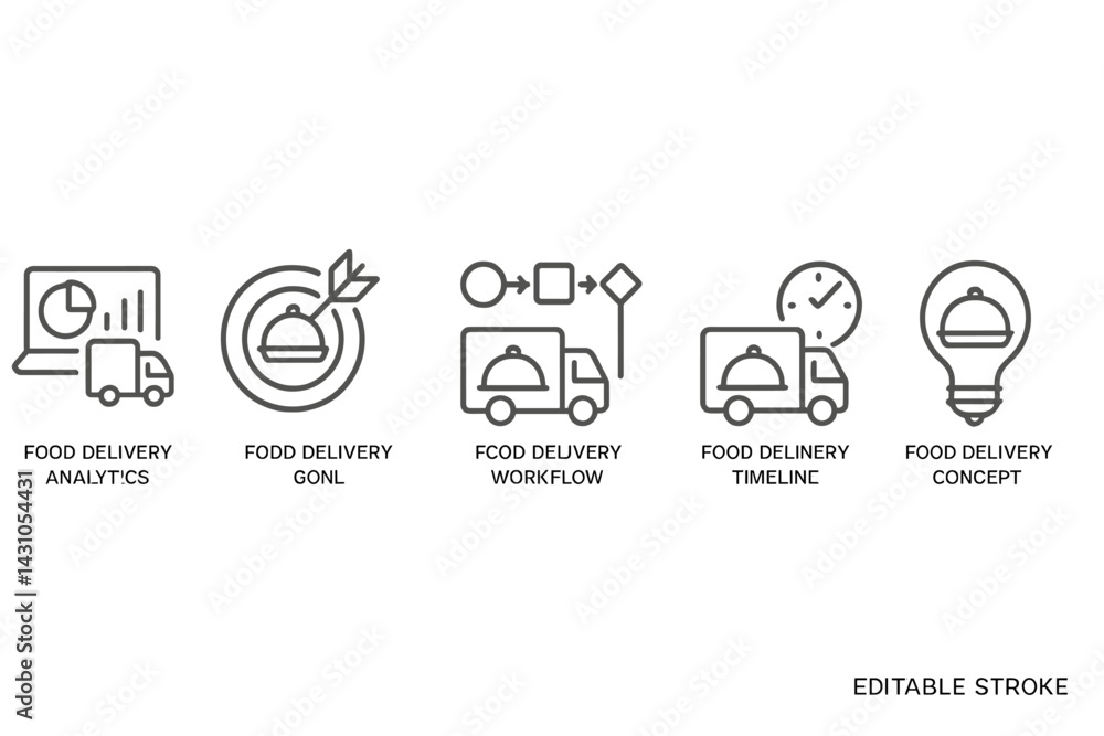Aufkleber vector icon set representing various aspects of food delivery services for analytics, workflow, and 
