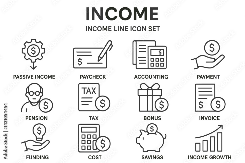 Aufkleber vector icon set illustrating various income-related concepts and financial activities for use in des