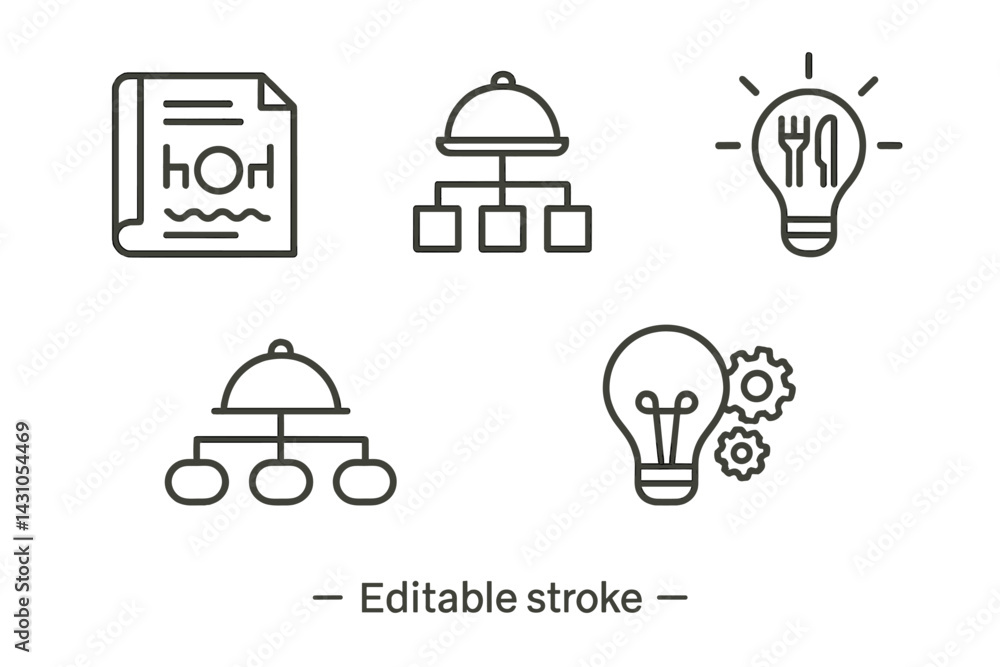 Poster vector icon set featuring a menu design, food service elements, and light bulb concepts for creative