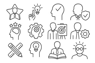 Fototapeta premium Vector icon set showcasing various elements of creativity, intelligence, and professional activities in a simple design