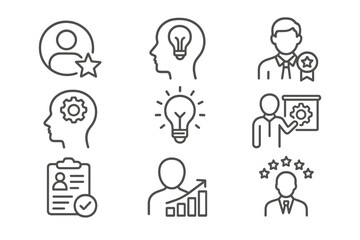 Vector icon set showcasing various symbols of innovation, leadership, and personal development for use in design projects and presentations