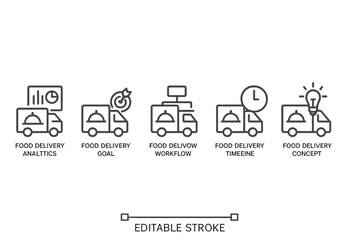 Vector icon set showcasing various food delivery concepts and workflows for enhancing delivery efficiency and analytics