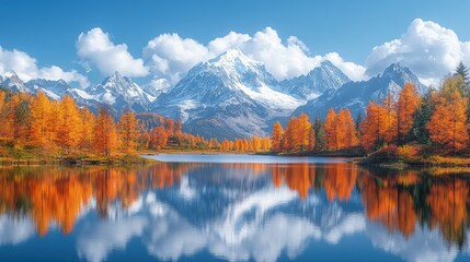Autumn trees surround a lake reflecting mountains and sky with clouds.