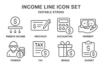 Vector icon set depicting various income-related concepts including passive income, payment methods, and financial planning