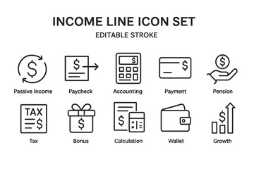 Collection of income line icons representing financial concepts and activities for personal and business use