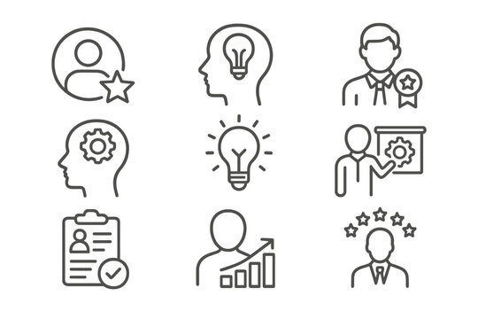 Vector icon set showcasing various symbols of innovation, leadership, and personal development for use in design projects and presentations