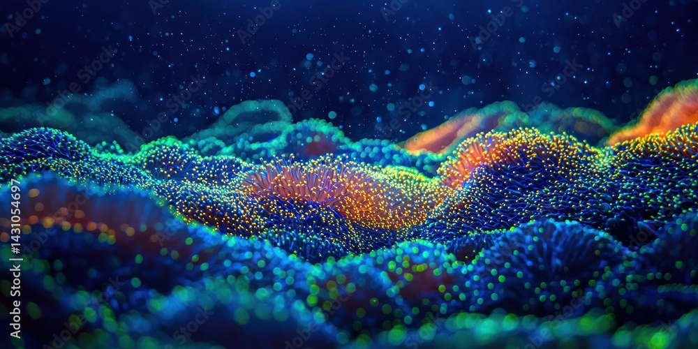 Poster a coral reef teeming with thousands of tiny, glowing coral polyps, creating a mesmerizing pattern