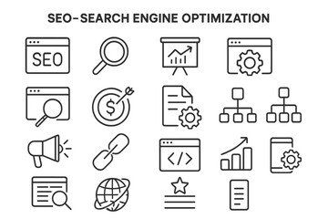 Vector icon set representing various aspects of search engine optimization for digital marketing strategies