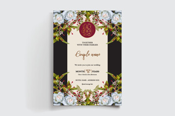 WEDDING INVITATION FRAME WITH FLOWER DECORATIONS AND FRESH LEAVES