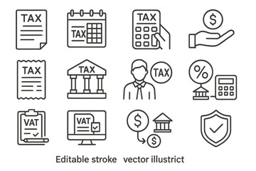 Vector icon set featuring tax documents, calculators, and financial symbols for accounting and taxation use